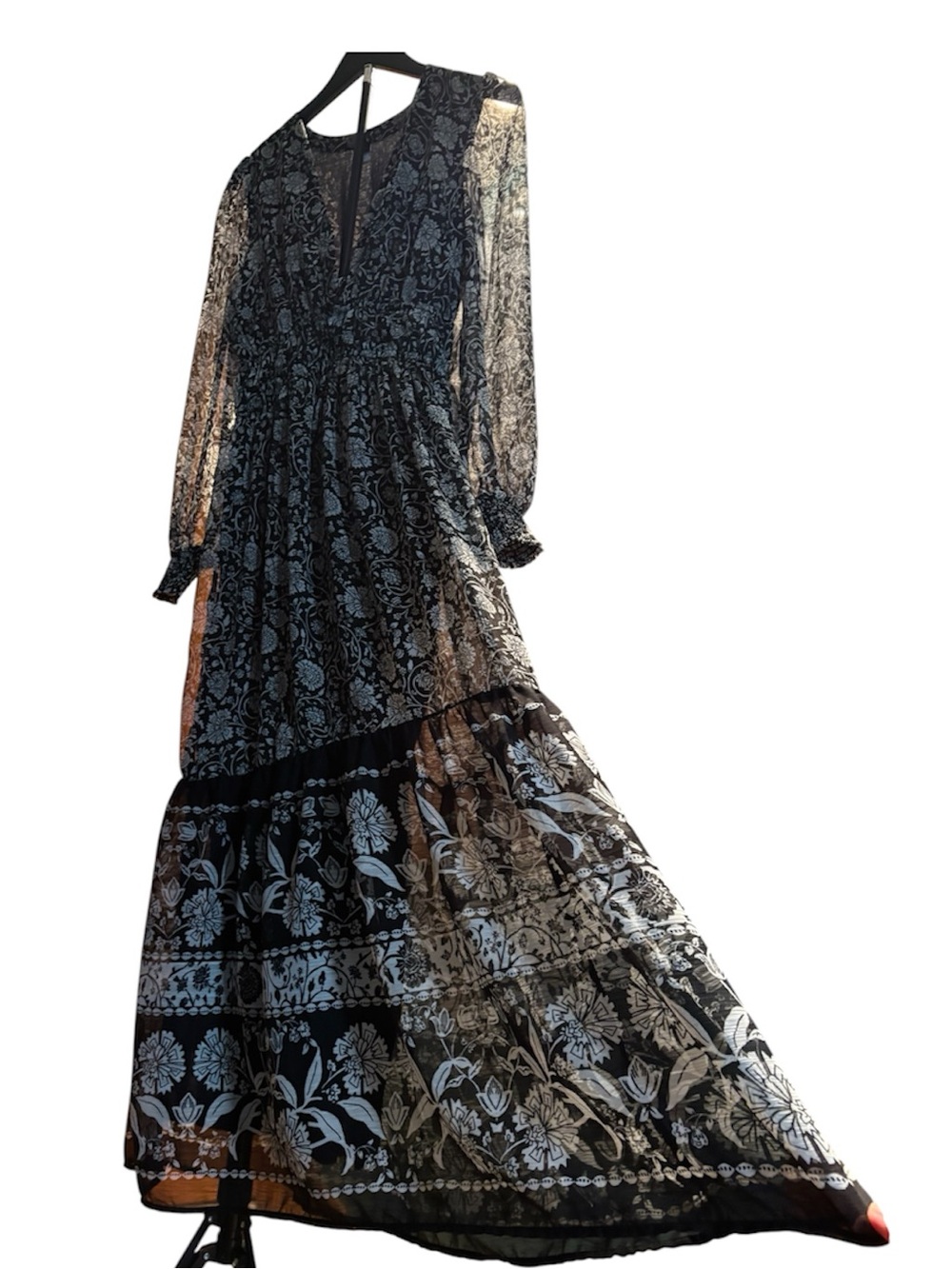 Black & Cream Floral Tiered Maxi Dress Small Romantic Ethereal Boho Festival